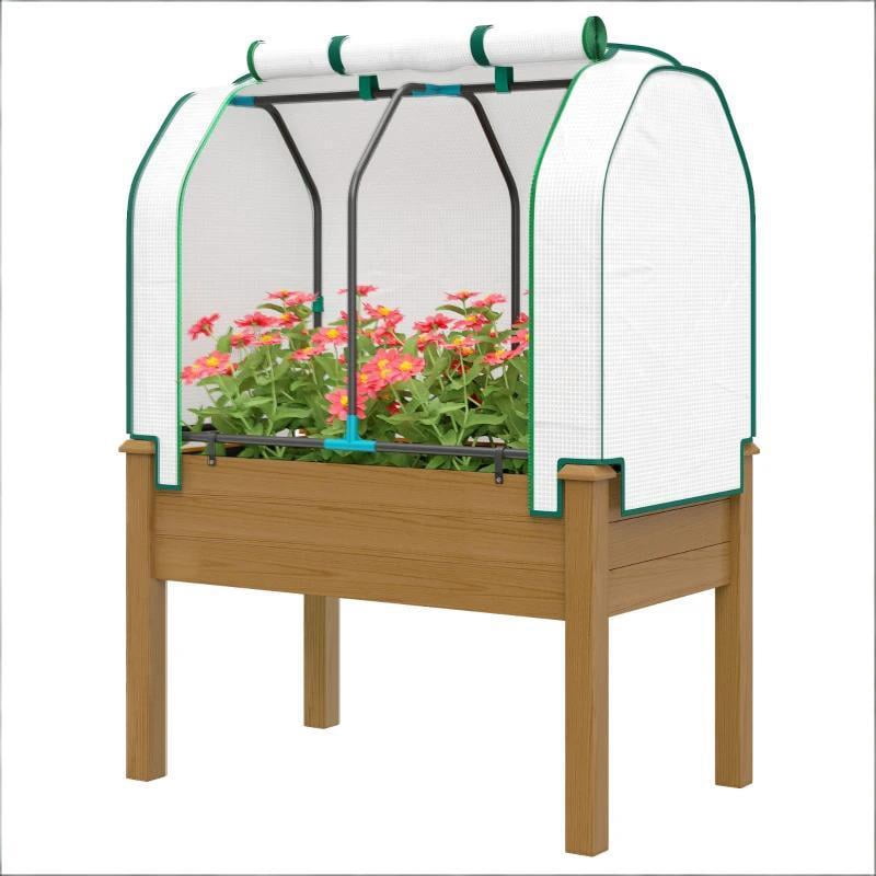 Outdoor Planter Box Convenient Raised Garden Bed with Legs Retractable PE Cover Brown Fir Wood Steel Frame Drainage Holes Breathable Fabric for Vegetables Herbs Flowers