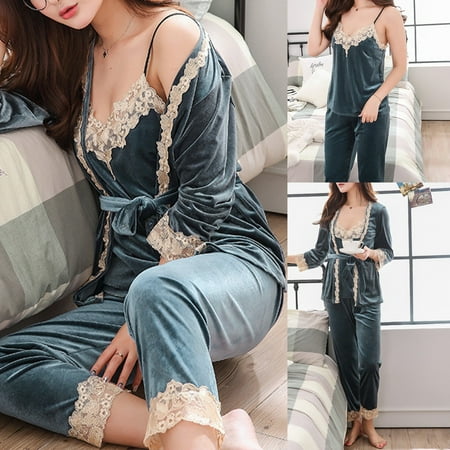 

Pajama Set for Women Velvety Pajamas Nightgown Suspender Coat Pant Sexy Home Clothes 3-Piece