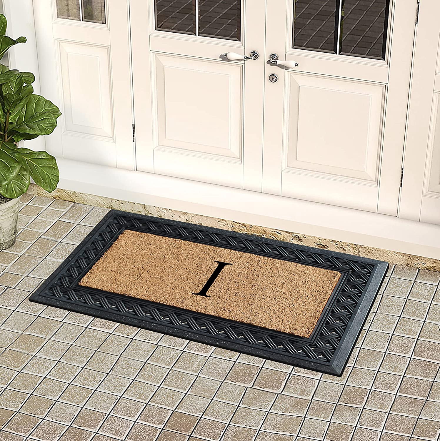 A1 Home Collections Paisley Rubber and Coir Outdoor Doormat, Non-Slip Backing, Black/Beige 23 x 38