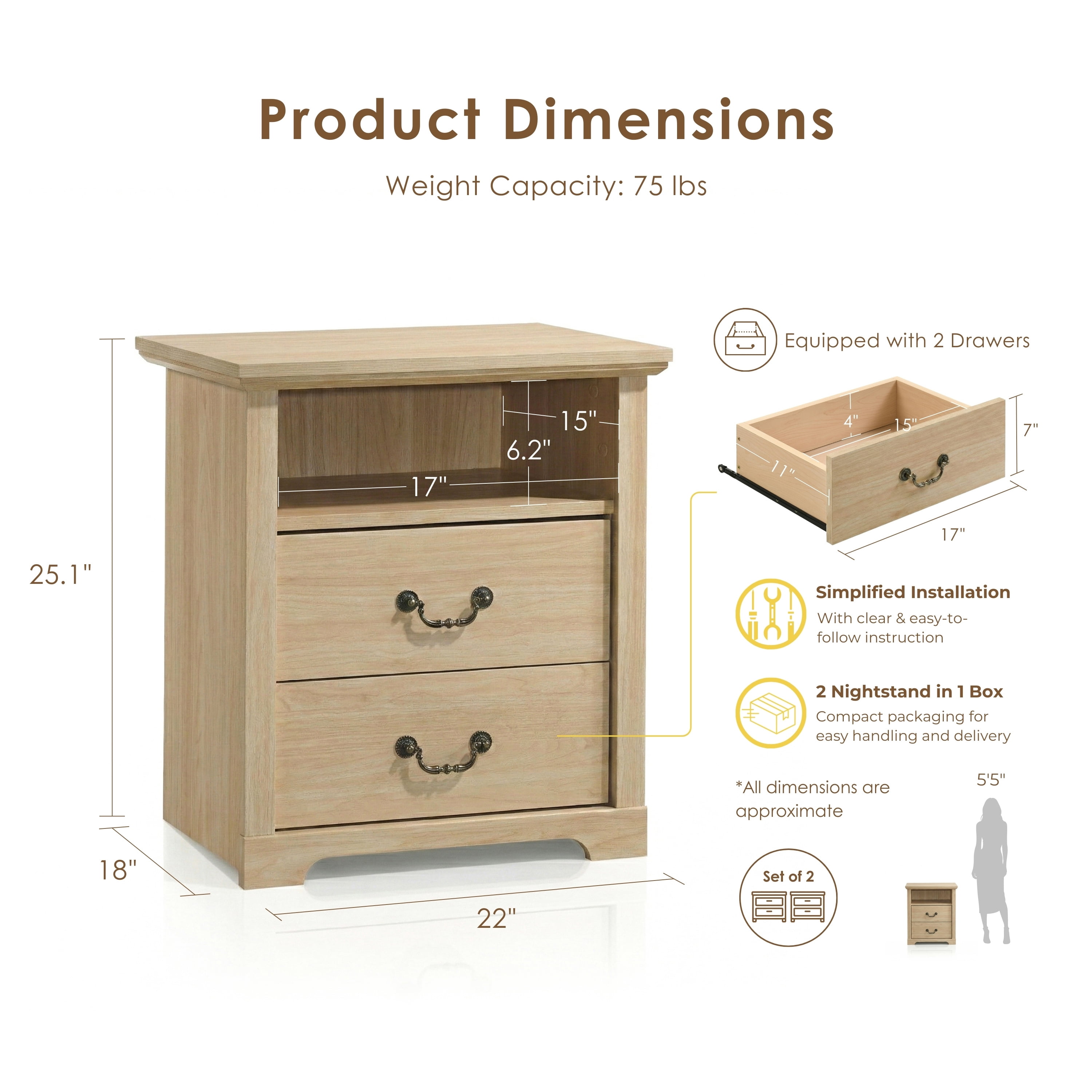 Furniture of America Chara Modern Wood 2-Drawer Nightstands with Open Top Shelf, Set of 2, Distressed Oak