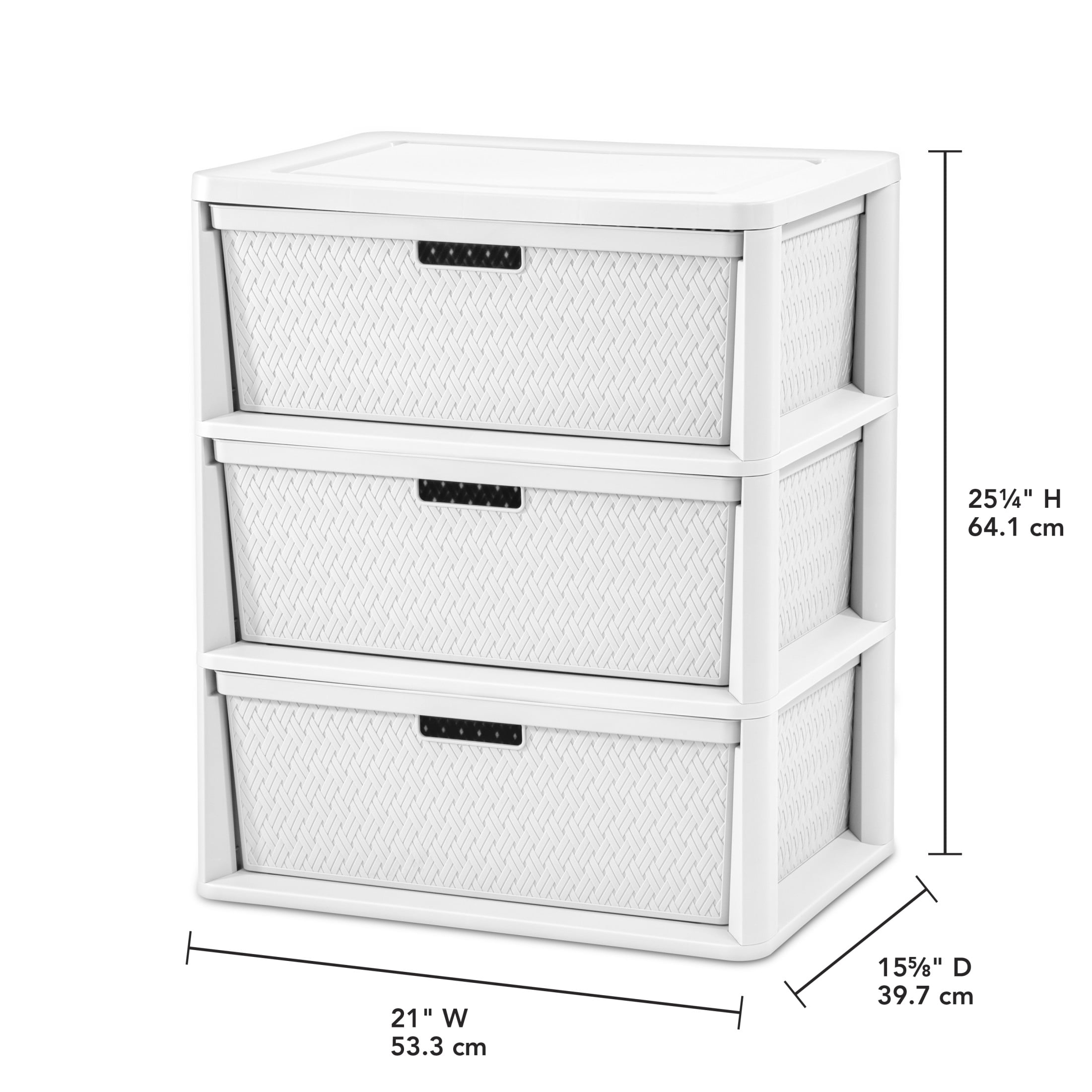 (2 pack) Sterilite Wide 3 Drawer Tower, Plastic Storage Organizer with Removable Decorative Bins, Easy to Assemble - No Tools Needed, White