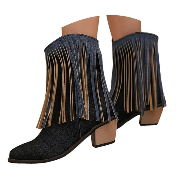 Mostsola Denim Cowboy Boots for Women Trendy Fringe Pointy Toe Low Heel Short Booties