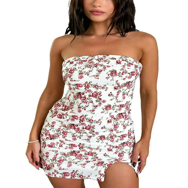 Floral Print Strapless Mini Dress with Slit Hem for Women