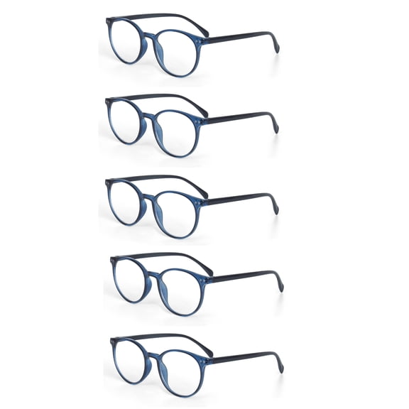 EYE ZOOM 5 Pack Retro Round Plastic Frame Reading Glasses for Men and Women, Navy Blue, 1.75