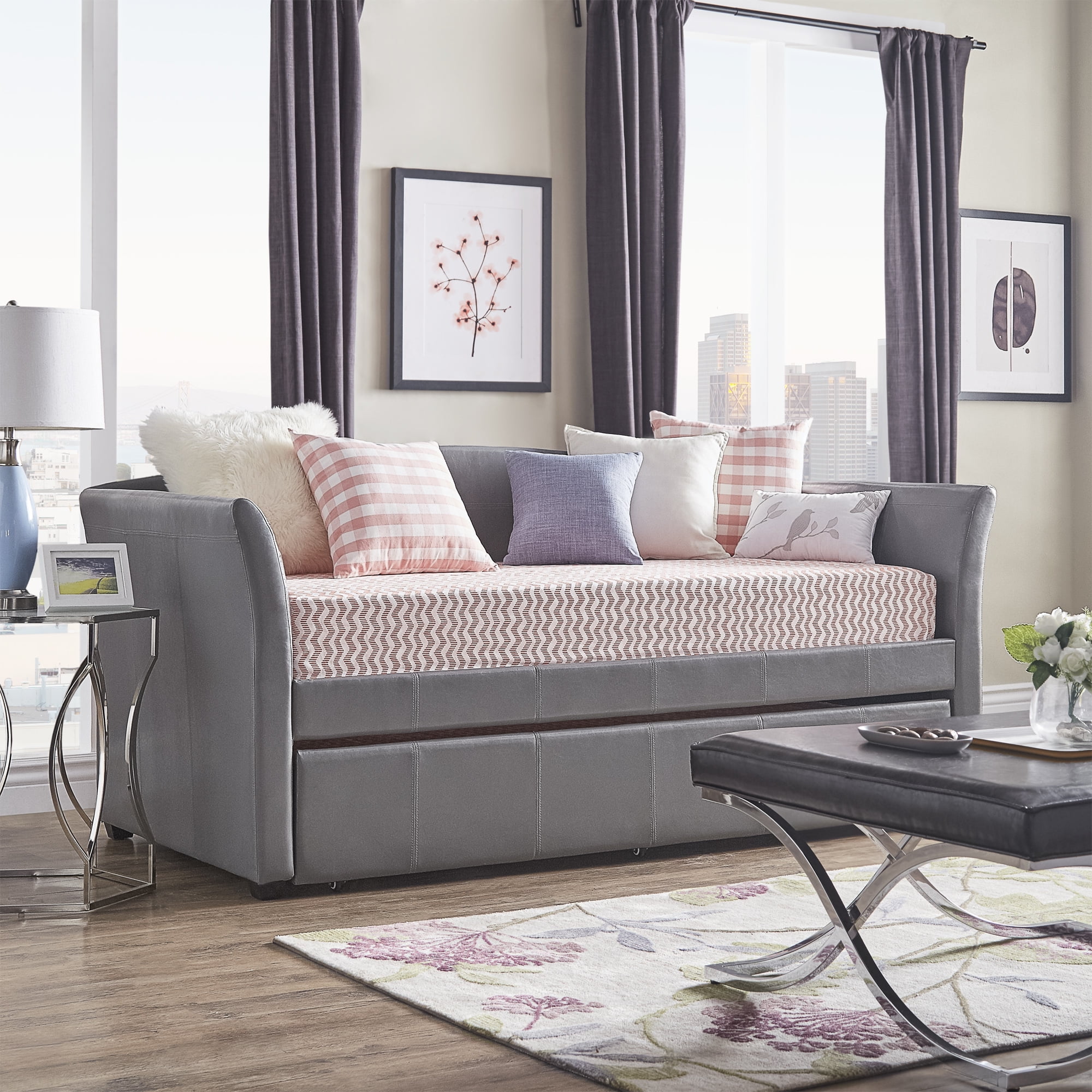 Weston Home Emily Twin Faux Leather Daybed with Trundle, Cool Gray