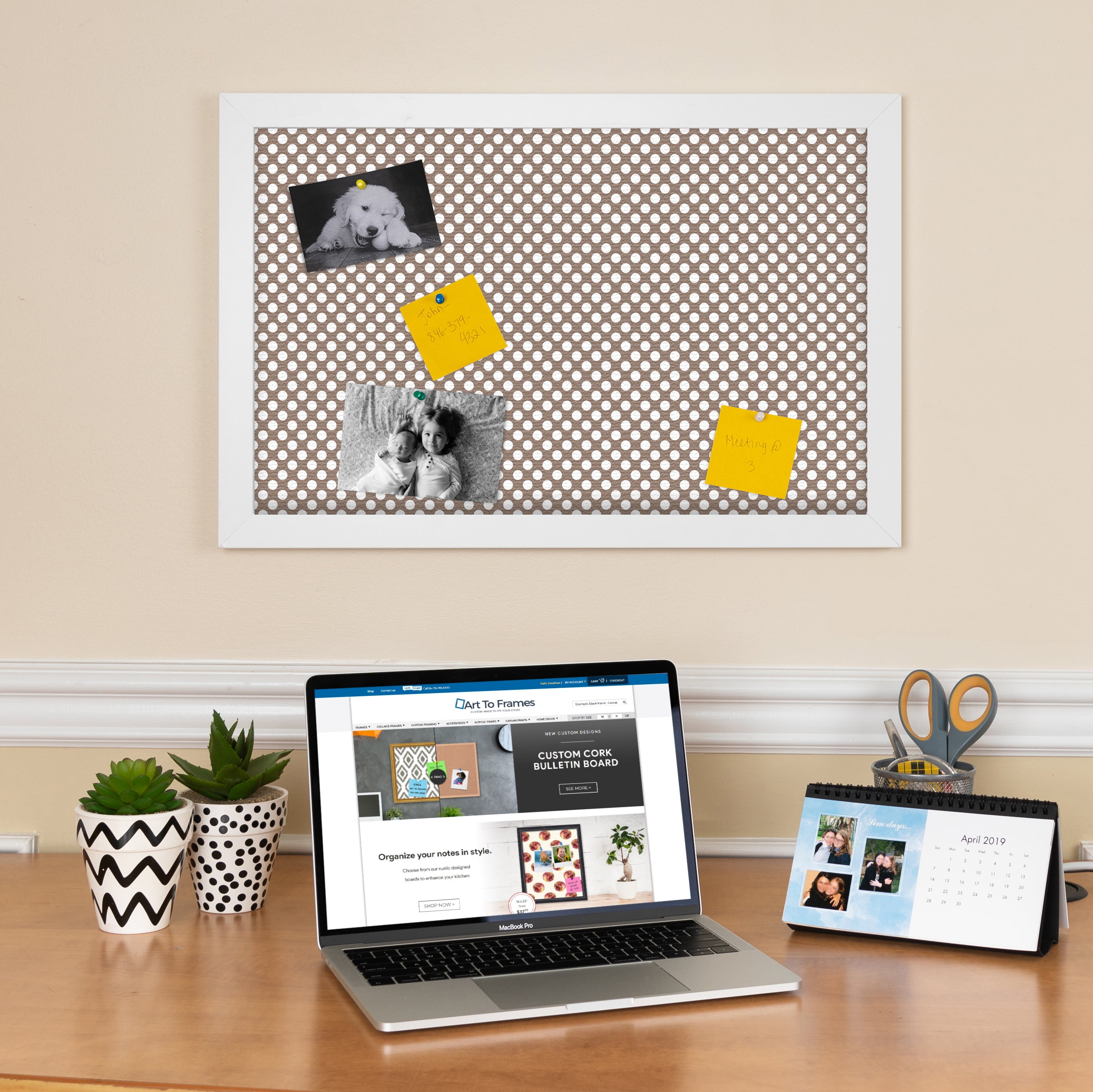 PinPix 30x12 Custom Cork Bulletin Board Brown Polka Dot Poster Board Has a Fabric Style Canvas Finish, Framed in Brown Polka Dot, by ArtToFrames (PinPix-501)