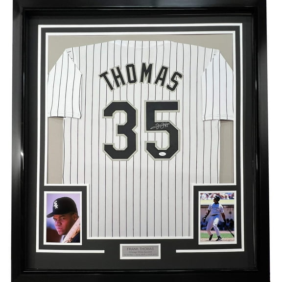 Framed Autographed/Signed Frank Thomas 35x39 Chicago Pinstripe Baseball Jersey JSA COA