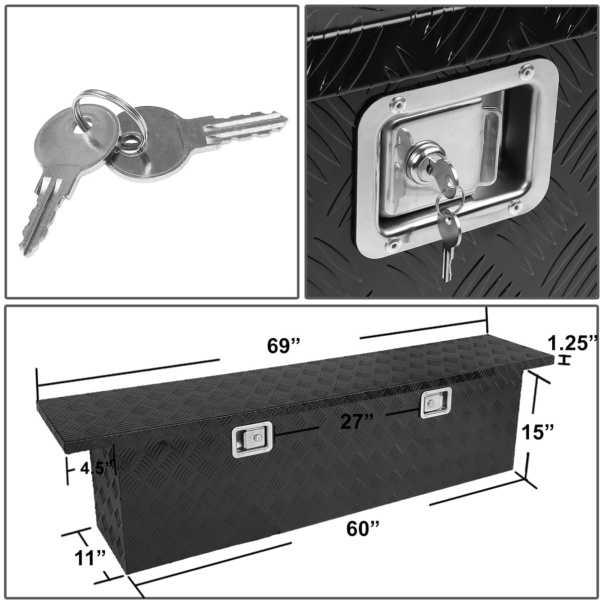 DNA Motoring 69"X11"X16.25" Aluminum Pickup Truck Trunk Bed Tool Box Trailer Storage w/Lock