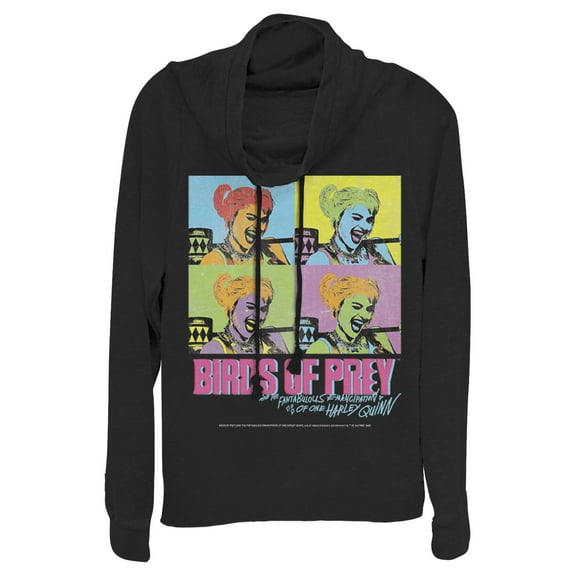 Junior's Birds of Prey Harley Quinn Pop Art  Cowl Neck Sweatshirt Black 3X Large