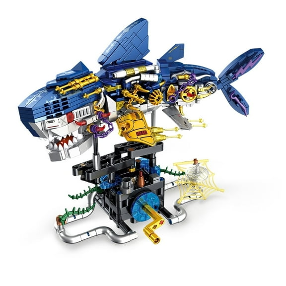 Plated Mecha Shark Building Block Kit – Sci-Fi Mechanical Brick Toy for Teens & Collectors, Creative DIY Display Model