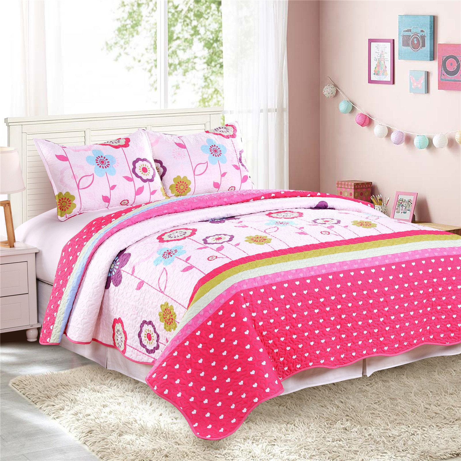 Cozy Line Home Fashions Reversible Pink Yellow White Fun Striped With Flower Printed Quilt