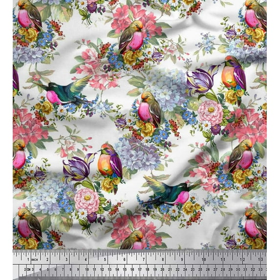 Soimoi White Polyester Crepe Fabric Leaves,Floral & American Robin Bird Print Fabric by The Yard 52 Inch Wide