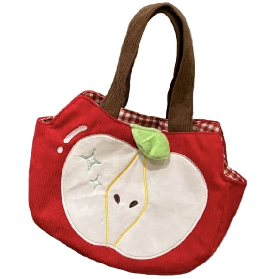 Hfppkn Apple Shaped Corduroy Shoulder Bag Large Capacity Casual Tote Handbag for Travel Work Shopping 28x20x6cm