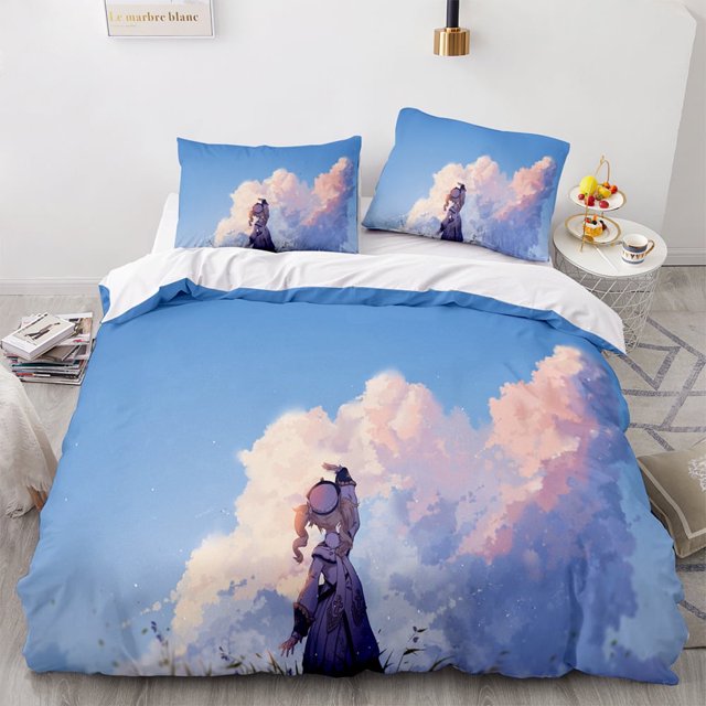 Juego de edredón Genshin Impact para cama doble Juego de edredón Genshin Impact para niñas y niños, suave, transpirable, resistente a la decoloración, 3 piezas, incluye 1 edredón y 2 fundas de