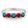 thumbnail image 3 of Gem Stone King 925 Silver and 10K Yellow Gold Blue Diamond and Red Created Ruby Wedding-Bands Ring for Women | 1.31 Cttw | Round 4MM | Gemstone April Birthstone | Size 6, 3 of 6