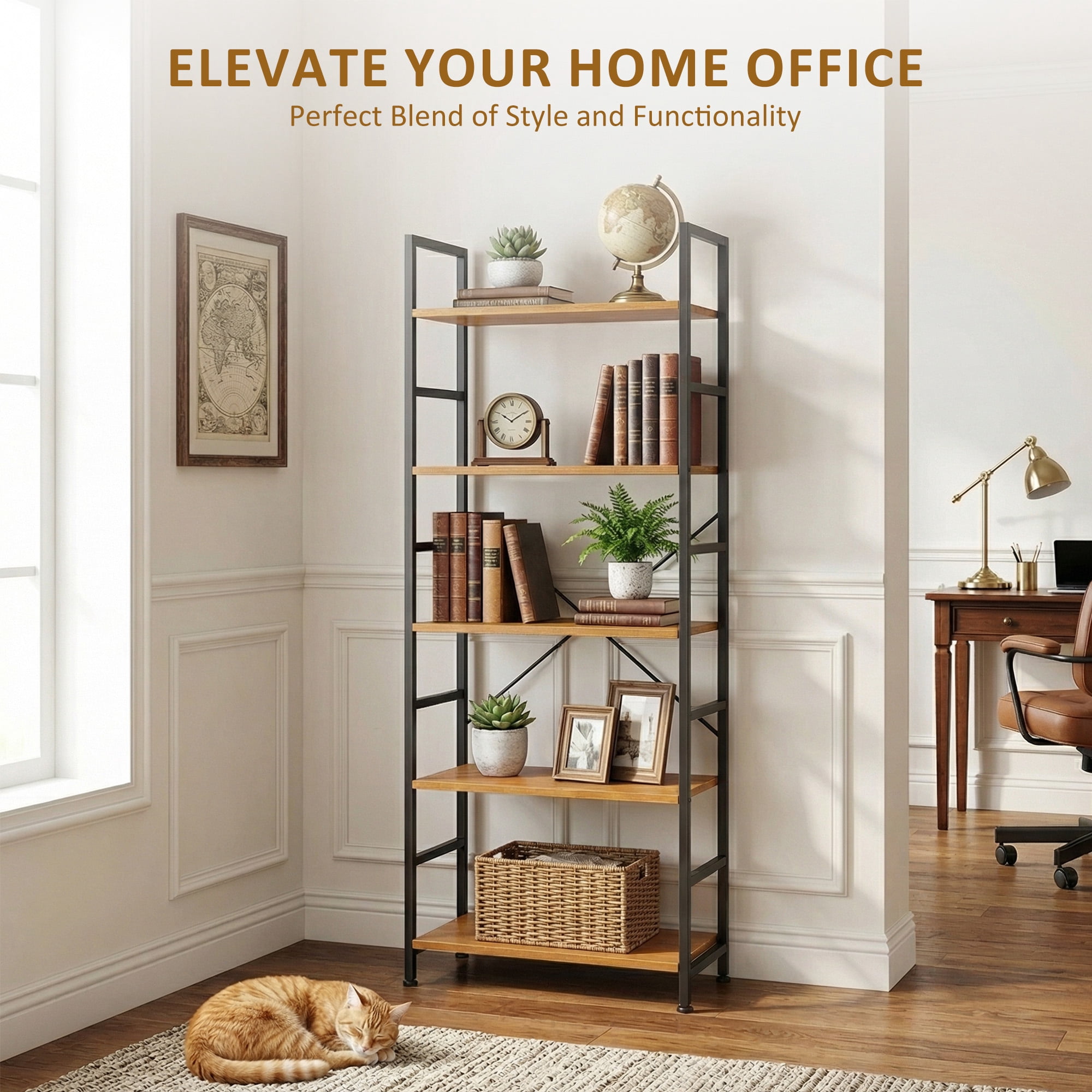 Atilioo 5 Tiers Bookcase, Heavy Durty Bookshelf Storage Organizer, Tall Display Shelves for Bedroom, Living Room, Yellow