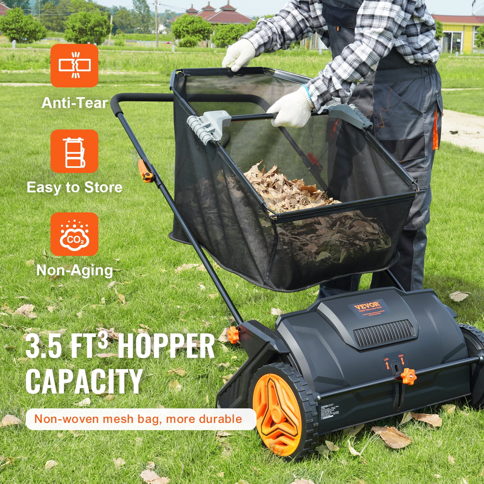VEVOR Push Lawn Sweeper 21 inch Leaf Grass Collector Strong Rubber Wheels Heavy Duty Thickened Steel Durable to Use with Large Capacity 3.5 cu. ft. Mesh Collection Hopper Bag 2 Spinning