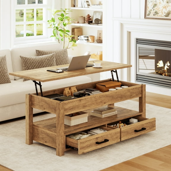 GUNAITO Lift Top Coffee Table with 2 drawers, Light Brown Wooden Convertible Coffee Table with Storage for Living Room, center Table, 42"
