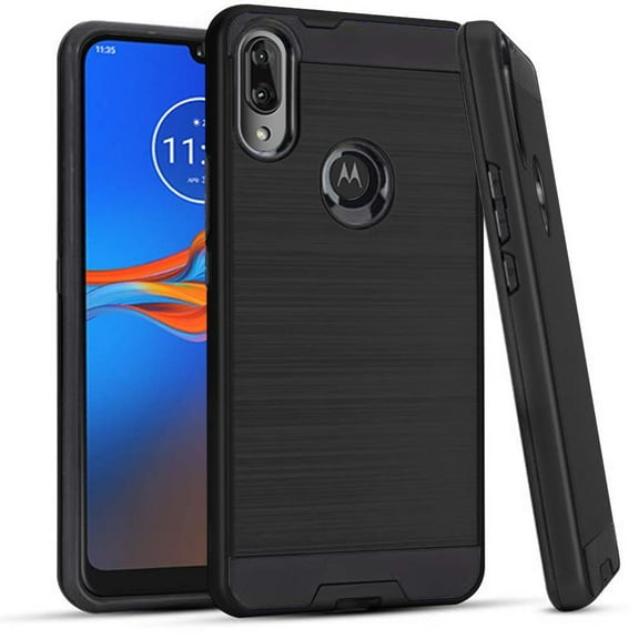 Motorola Moto E6 Plus Dual layer Metal Brushed Shockproof Armor Hybrid Case Cover Black