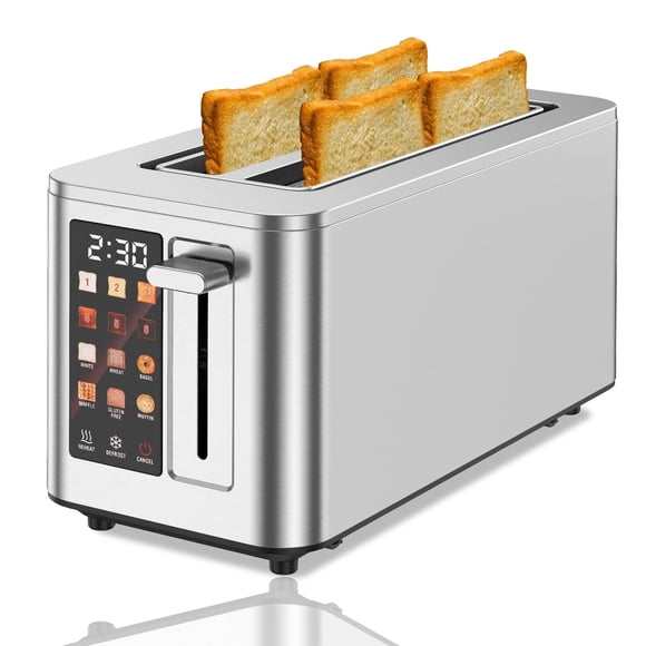 TAZTIR Touch Screen Toaster 4 Slice, 4 Bread Types, 4 Shade Settings, LCD Display, Extra Wide 1.5" Slots, Memory Function, 1400W,16.54 * 8.66