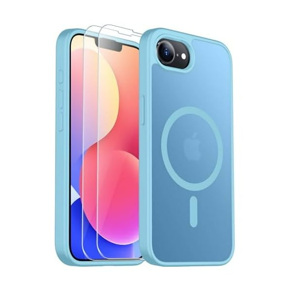Designed for iPhone 16e Case,Magnetic Translucent with 2PCS Tempered Glass Screen Protector Anti-Fingerprint Anti-Scratch Phone Case for iPhone 16E 2025 6.1'', Light Blue