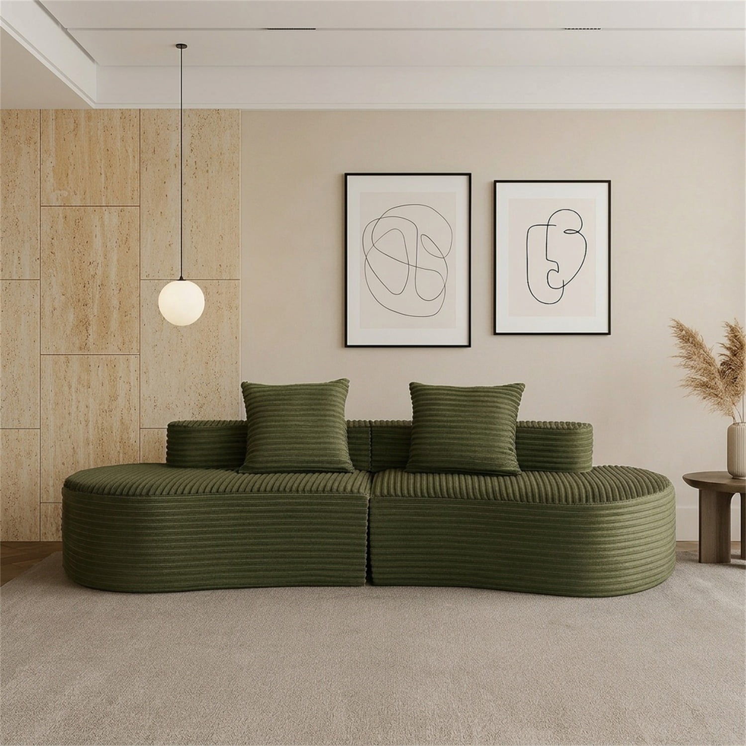 Hommoo 110" Full Curved Compressed Sofa, Corduroy 2-Seater Cloud Couch Upholstered Sofa with 2 Lumbar Pillows, for Living Room & Bedroom, Green