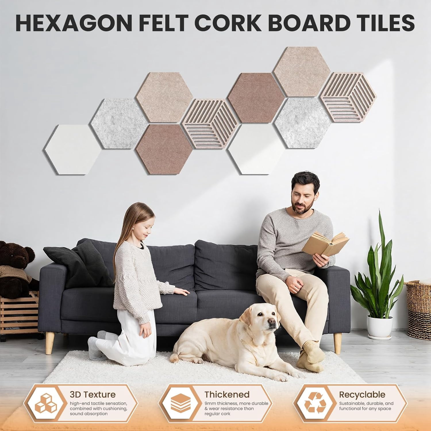 12'' Large Hexagon Cork Board Tiles – 10 Pack Adhesive Frameless Bulletin Board for Office & Home Wall Decor, Vision Board with 35 Push Pins, Decorative Pin Board for Photos & DIY