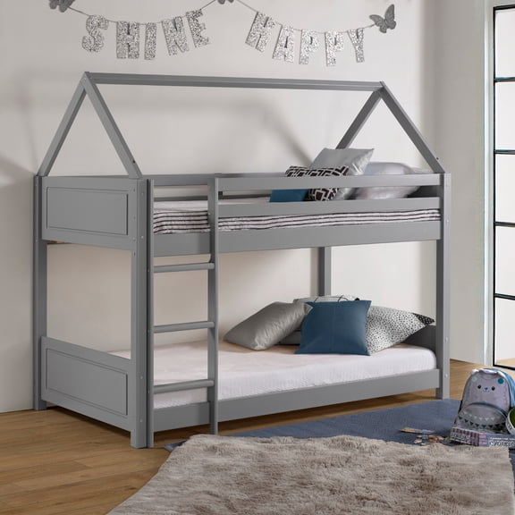 Powell Lodgepole Kid's Playhouse Twin over Twin Bunk Bed with Built-In Ladder, 79.25"L x 43.25"W x 70.75"H, Gray