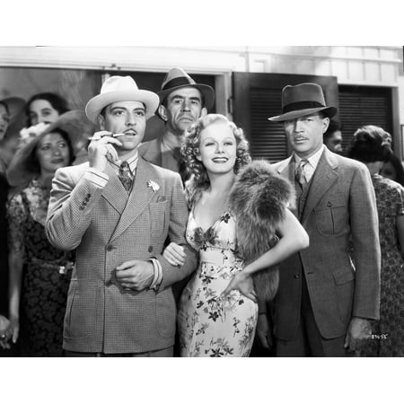 Jean Harlow Scene from a Film standing in White V-Neck Floral Dress and Black Fur Boa with Left Hand on the Waist Photo Print
