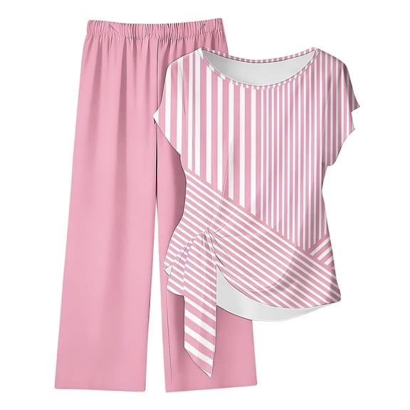 Summer 2 Piece Sets,2 Piece Outfits for Women Casual Tracksuit Short Sleeve Tops and Wide Leg Long Pants Matching Lounge Sets