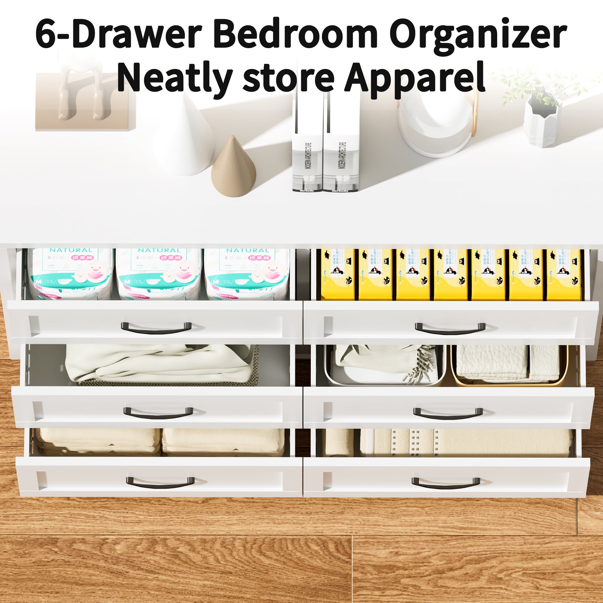 ShiKeyi 6 Drawer Dresser for Bedroom, Modern Metal Wide Storage Chest with Metal Handles and Legs, White