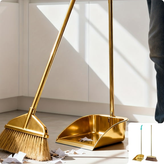 2-Pcs Stainless Steel Broom & Dustpan Set Heavy-Duty Long Handle