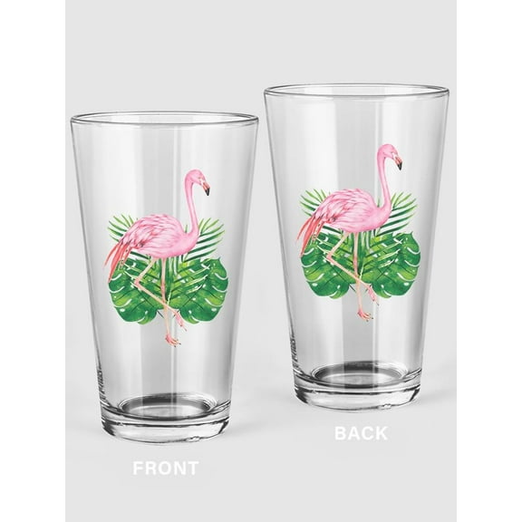 Flamingo And Leaves. Pint Glass -SPIdeals Designs, 16 oz Transparent Glass