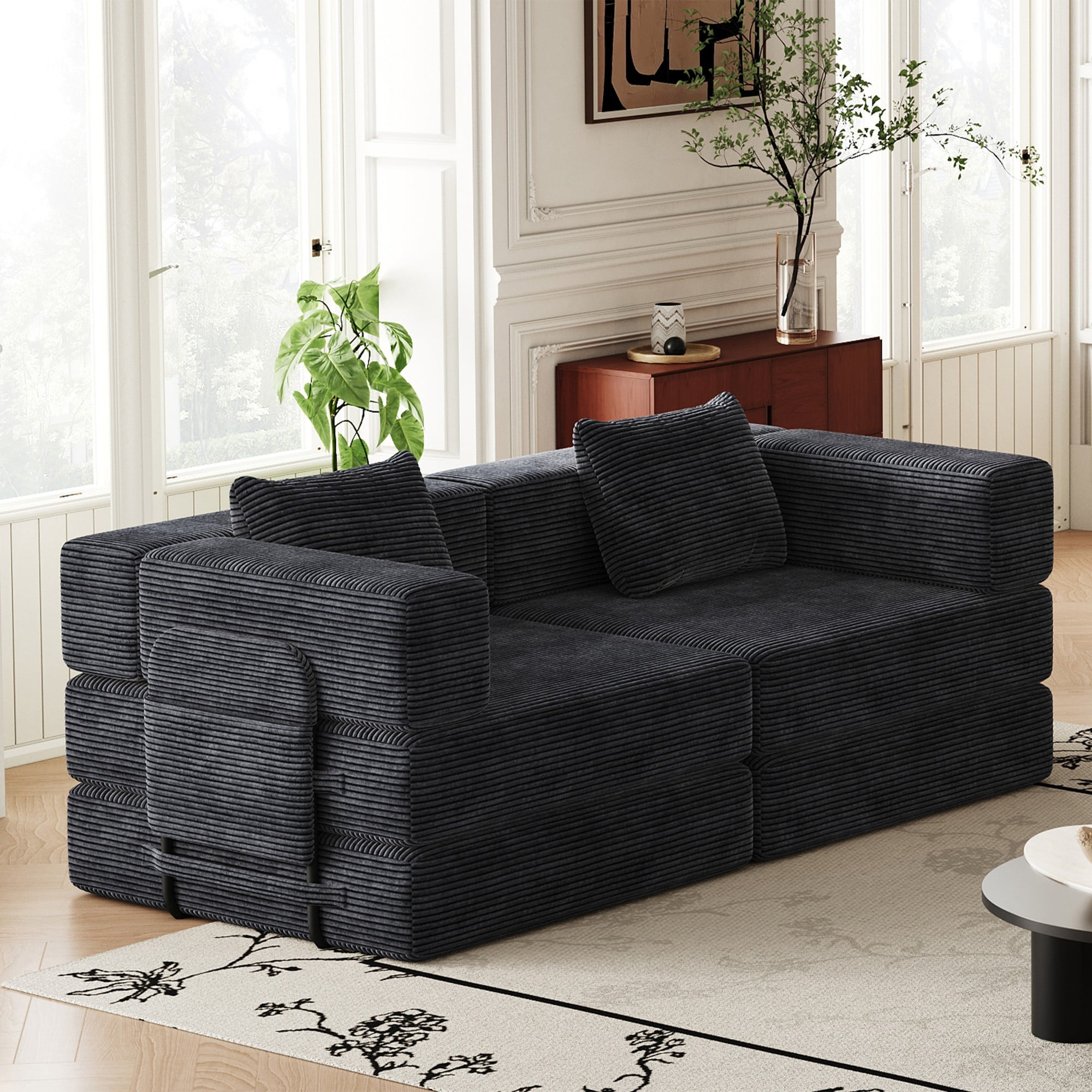 72" Convertible Corduroy Sofa Bed,Folding Sleeper Couch with Two Side Storage Pockets & Two Cushions for Living Room,Bedroom,Black