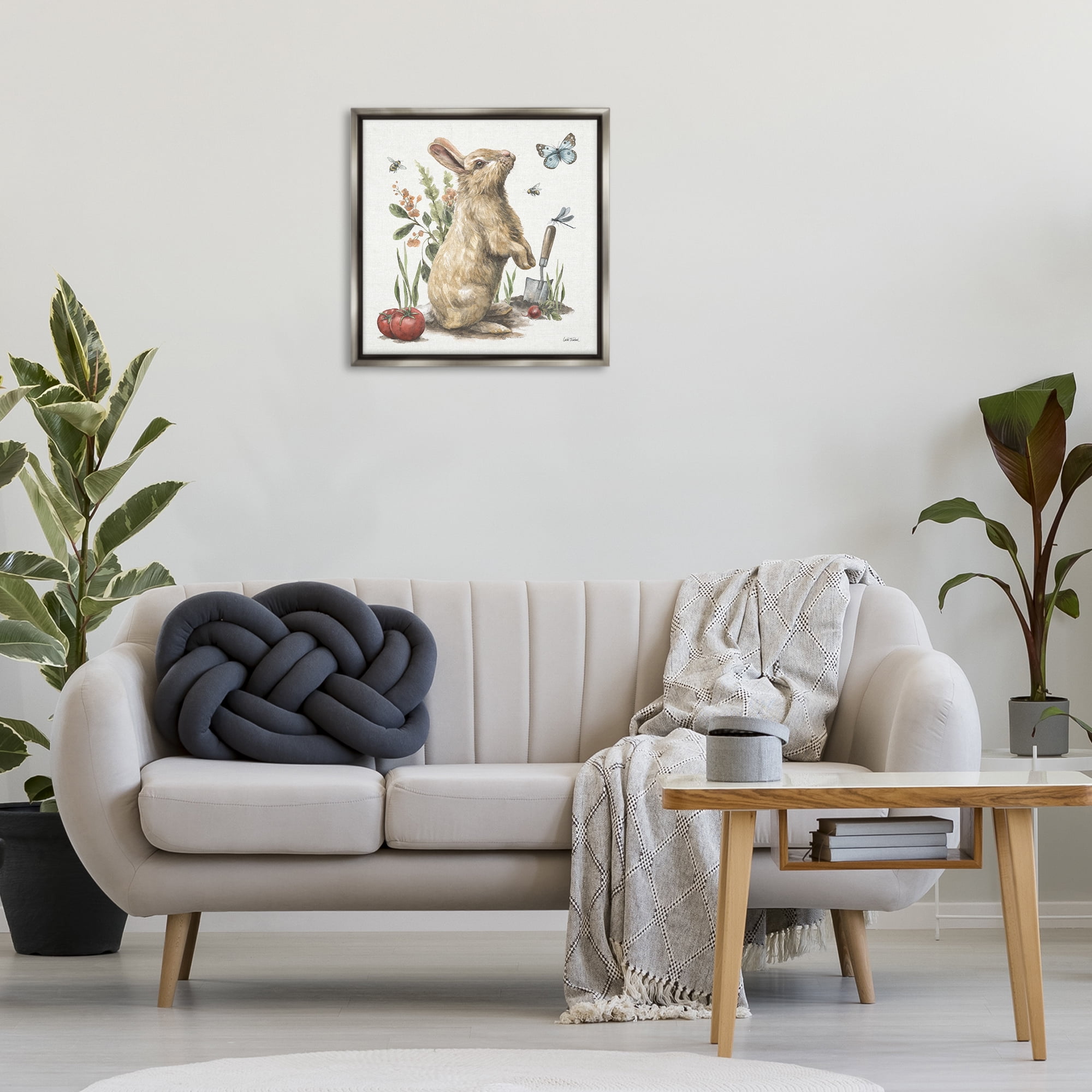 Stupell Industries Garden Patch Rabbit Animals & Insects Painting Gray Floater Framed Canvas Art Print Wall Art, 25 x 25