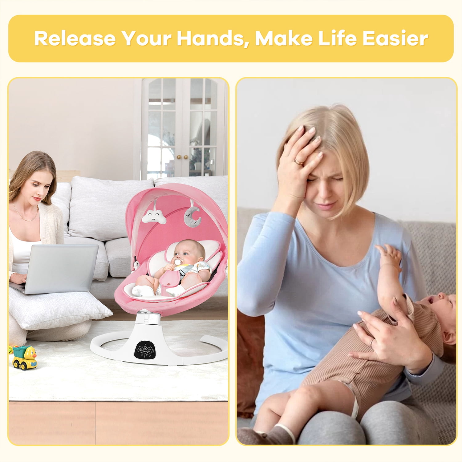 Baby Swing for Infants, Unisex Baby Bouncer, Bluetooth Music for 0-18 months, 5 Sway Speeds, 10 Lullabies,PINK
