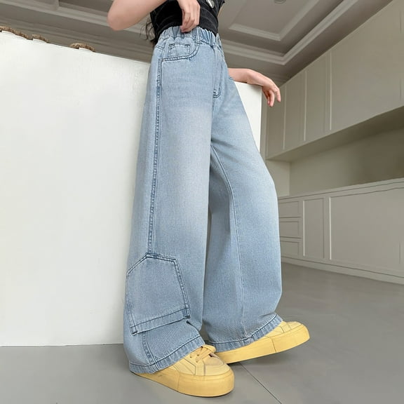 Girls Jeans Pants Denim Elastic Wasit Wide Leg Jean Denim Pants for Teens Juniors Jeans 13-14 Years Girls Fashion