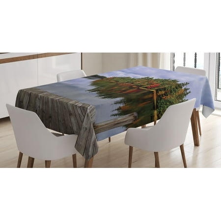 Lake Tablecloth, Wooden Dock and Island Ablaze in Fall Splendor Ludington State Park in Michigan USA, Rectangular Table Cover for Dining Room Kitchen, 52 X 70 Inches, Multicolor, by