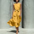thumbnail image 4 of NTACZA Casual Dresses for Women Sleeveless Maxi Flowy Cotton Lien A-Line Round Neck Ruched Waist Vacation Front Tie Beach Yellow L, 4 of 7