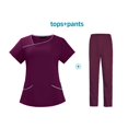 thumbnail image 2 of Women Scrubs Setst Solid Color V-Neck Short Sleeve Long Pants Nurse Uniform with Pockets Wine L, 2 of 4