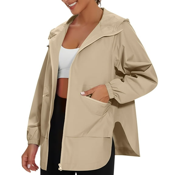 TKLPEHG Rain Jackets for Women Zip Up Hooded Waterproof Raincoat Long Sleeve Rain Jacket Trench Coat Windbreaker With Pockets for Outdoor (Beige,L)