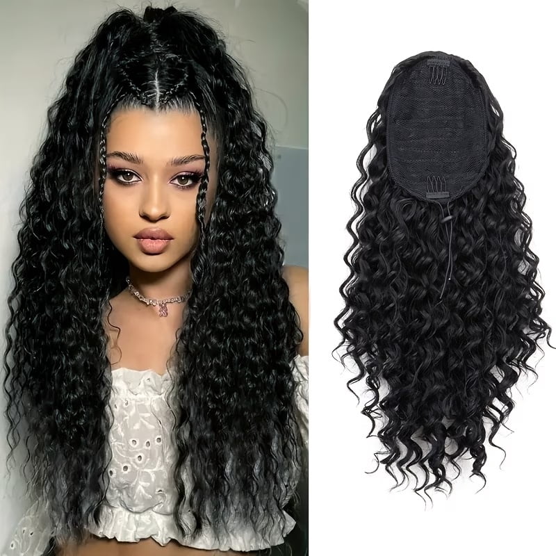1pc, black 18 inches, synthetic ponytail, long African curly, fluffy, deep curls, fashionable drawstring ponytail for women, easy to wear every day