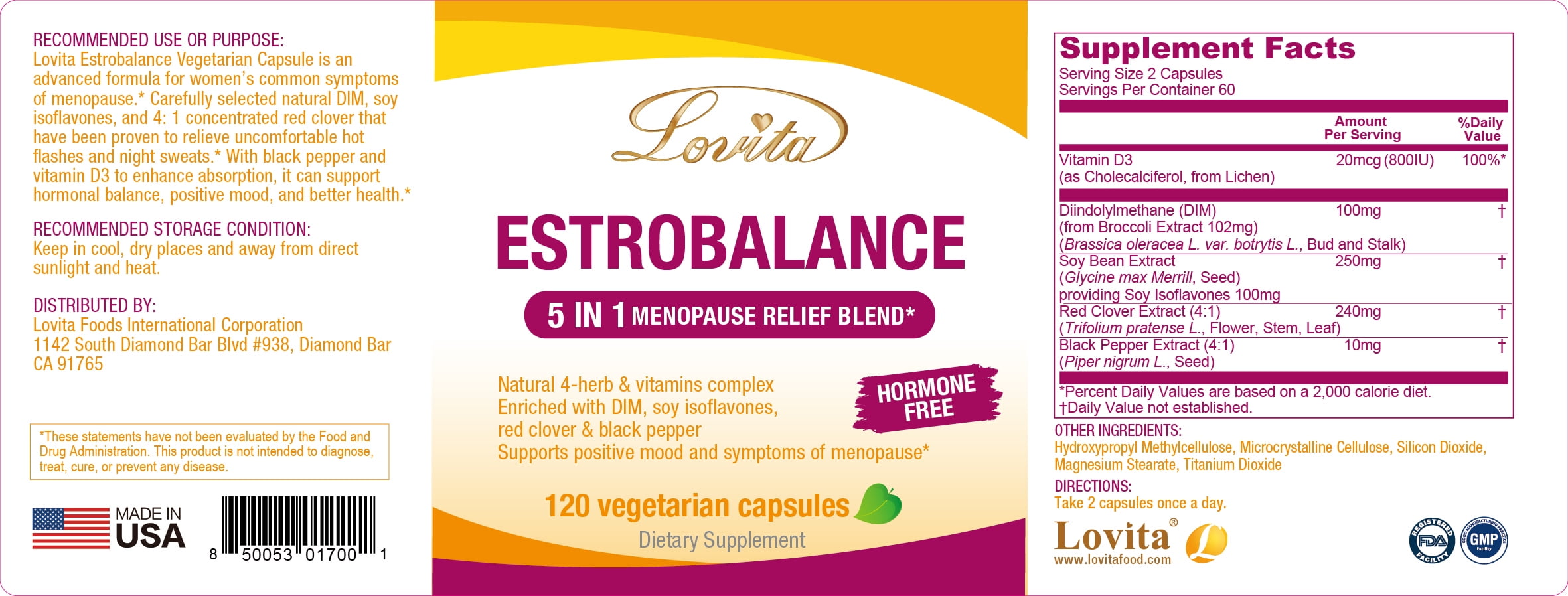 Lovita Menopause Supplements for Women, DIM Complex with Soy Isoflavones, Red Clover, Vitamin D3 & Black Pepper for Menopause & Hormone Balance Support, 120 Vegetarian Capsules (Pack of 3)