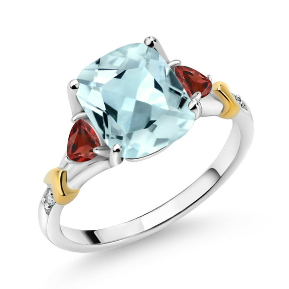 Gem Stone King 3.12 Ct Sky Blue Simulated Aquamarine Red Garnet 925 Silver and 10K Yellow Gold Diamond Ring (Size 5)