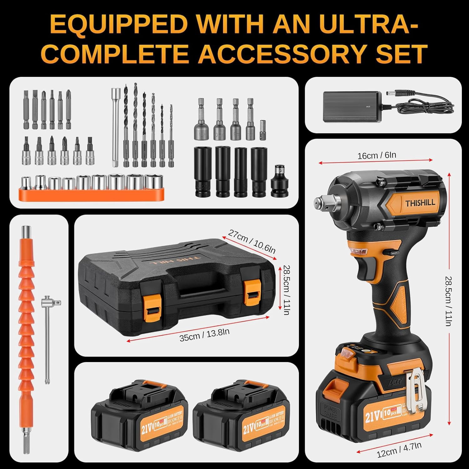 45PCS Cordless Impact Wrench,600Nm(443Ft-lbs),1/2 Inch Brushless lmpact Driver Set,w/Two 4.0Ah Battery,17 Sockets,High Torque Power Impact Gun for Car Home