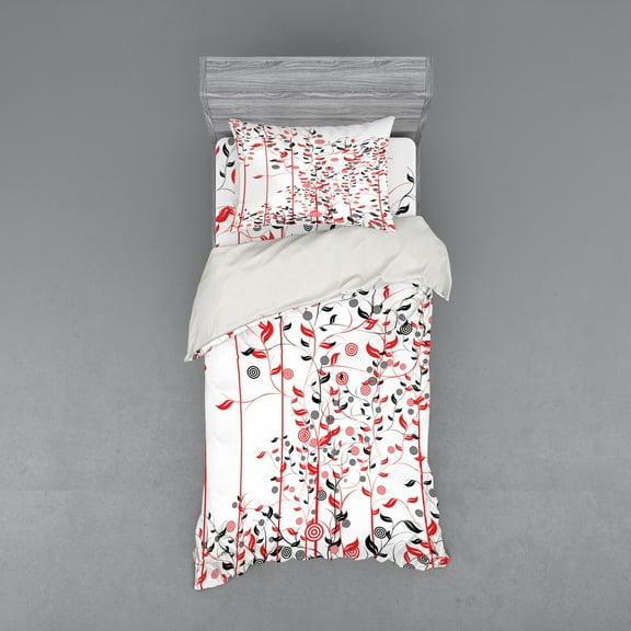Ambesonne Floral Bedding Set 3 Pcs, Flowers Ivy Swirl Leaves, Twin XL, Red Black and White