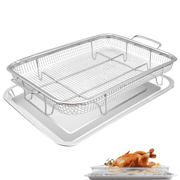 Air Fryer Pan Basket for Oven, 2 Pieces 15.5*11.6'' Steel Mesh Grill Basket Air Fryer Baking Tray Accessories Rack Roasting Basket for Convection Oven