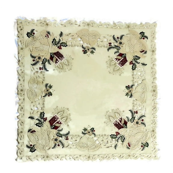 Doily Boutique Tablecloth or Table Topper Square Embroidered with Red Christmas Candles and Lace Bells on Fabric Size 34 x 34 inches