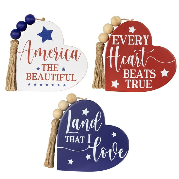 Northlight Patriotic Hearts with Beaded Tassels Wooden Signs - 3.75" - Set of 3