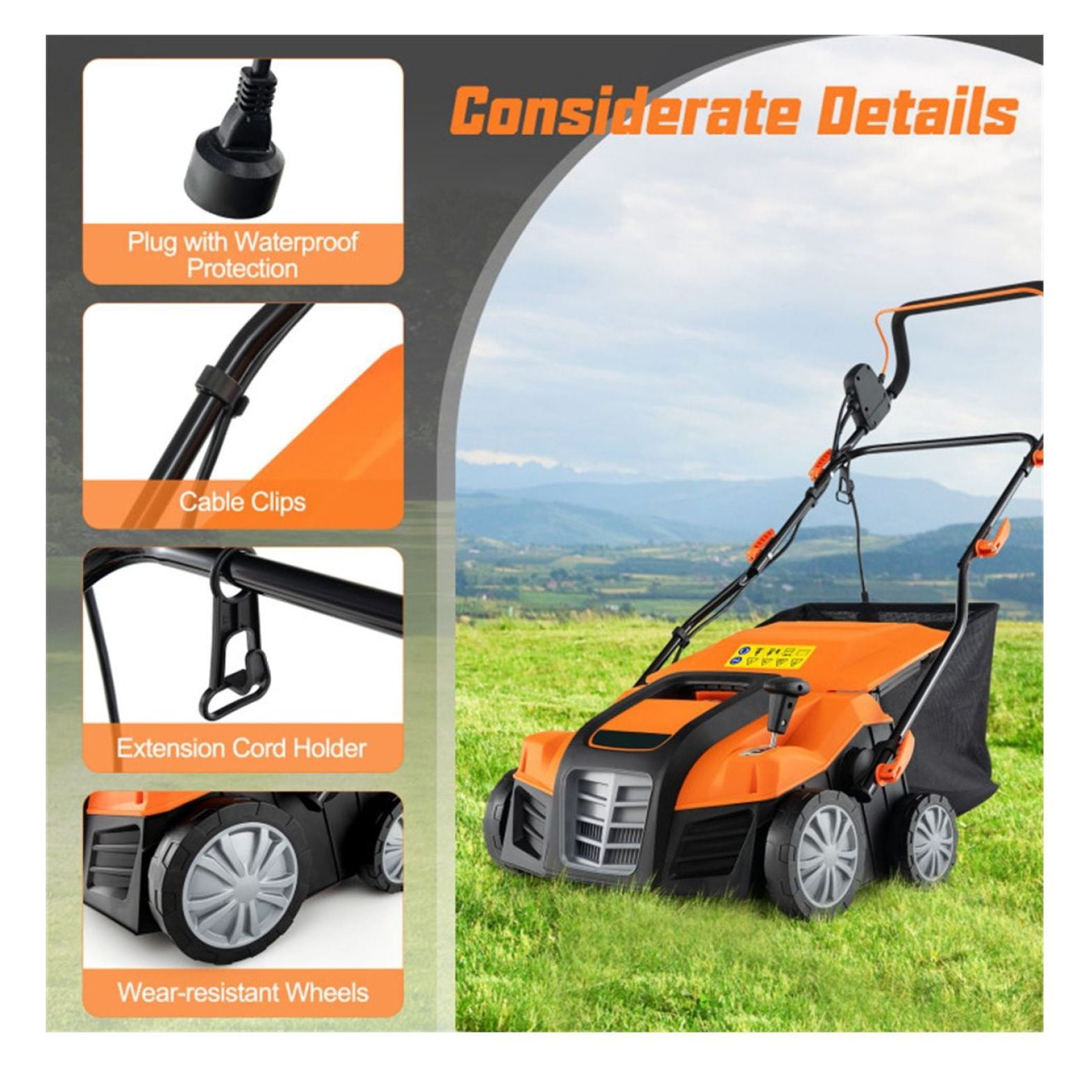 Electric Lawn Dethatcher, 16-Inch Corded Scarifier - 2-in-1 Adjustable Depth, Large Bag, Folding Design for Home Lawn Care - Orange